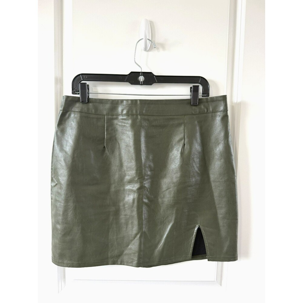 Lulu's Women's Olive Green Faux Leather Mini Skirt with Side Slit Size XL NWOT